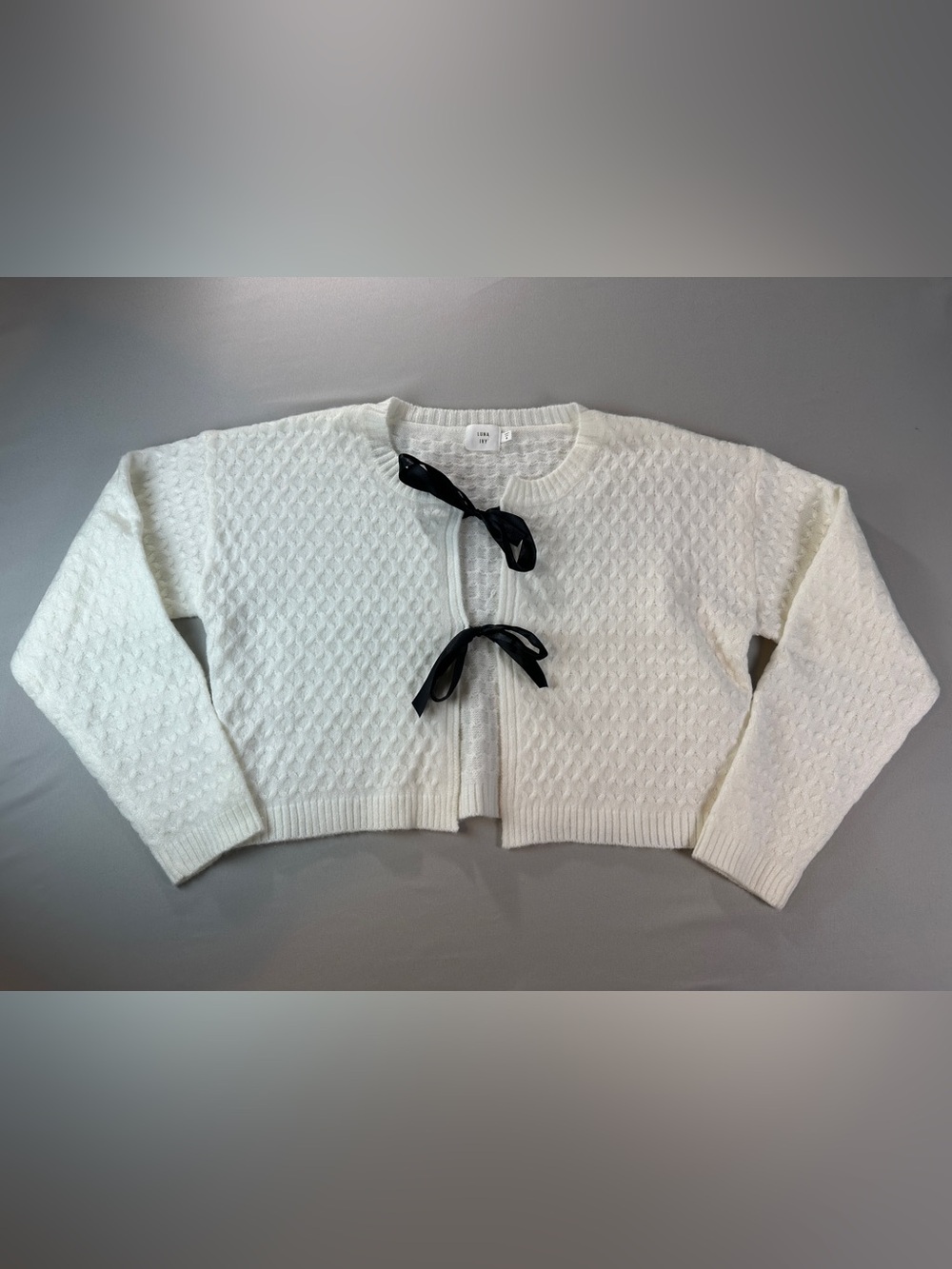 Luna & Ivy White Waffle Knit Cardigan Black Satin Ribbon Tie Closure Medium
